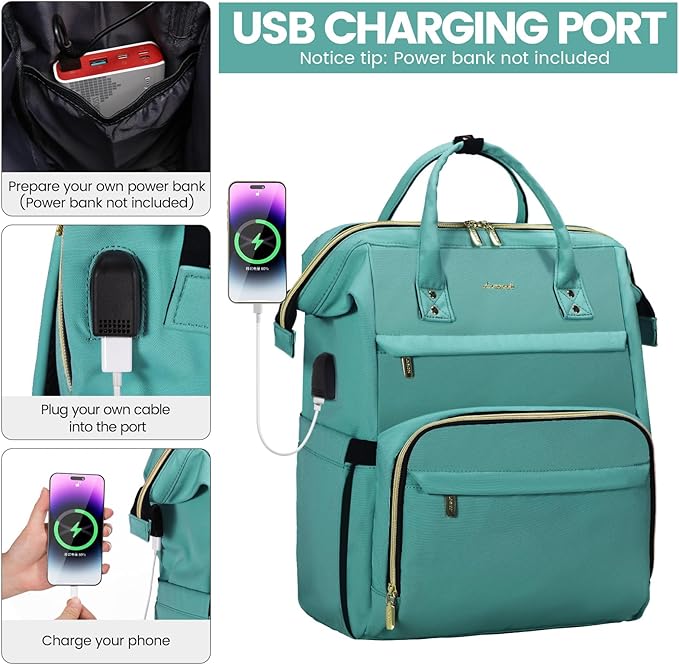 LOVEVOOK Laptop Backpack for Women,17 Inch Professional Womens Travel Backpack Purse Computer Laptop Bag Nurse Teacher Backpack,Waterproof College Work Bags Carry on Back Pack with USB Port,Mint Green