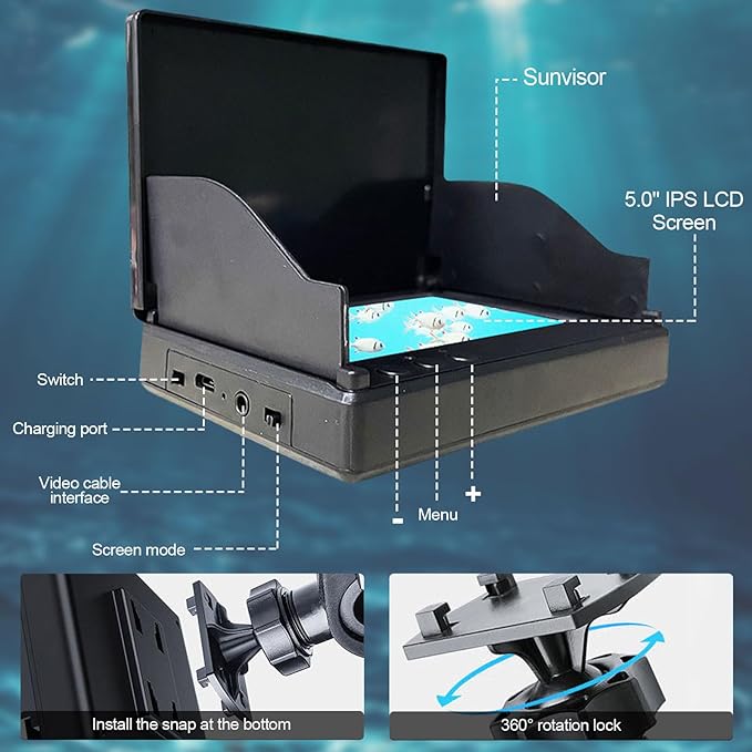 Underwater Fishing Camera 5 in,1080P Ice Fishing Camera with 220° Wide Angle Night Vision,100FT Cable & 8000mAh Battery,IP68 Waterproof Underwater Camera for Ice Lake Sea Boat Fishing