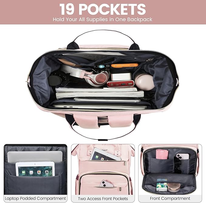 LOVEVOOK Laptop Backpack for Women,17 Inch Professional Womens Travel Backpack Purse Computer Laptop Bag Nurse Teacher Backpack,Waterproof College Work Bags Carry on Back Pack with USB Port, Pink