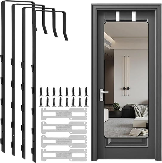 4 PCS Over The Door Mirror Hanger, Adjustable Door Mirror Hanger, Five-Hole Over The Doors-Mirrors Hook, Mirrors Doors Hangers with 2 Iron Filings and Screws (Black)