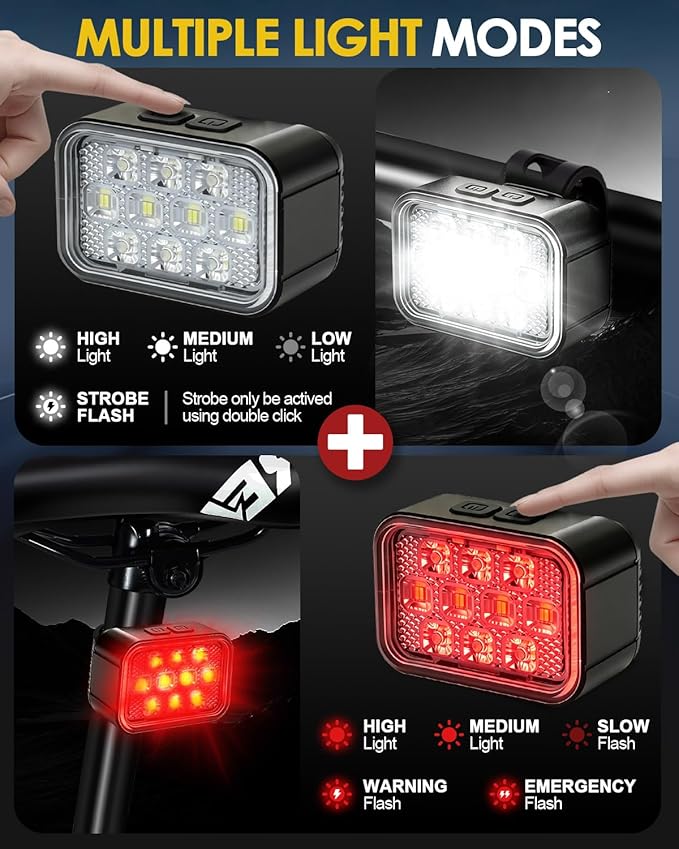 Victoper 10 LED Bike Light, 8+9 Modes USB Rechargeable Bicycle Lite, High Lumens Super Bright Bike Headlight & Taillight Set, Waterproof Safety Bike Front & Rearlight for Road, Night Riding