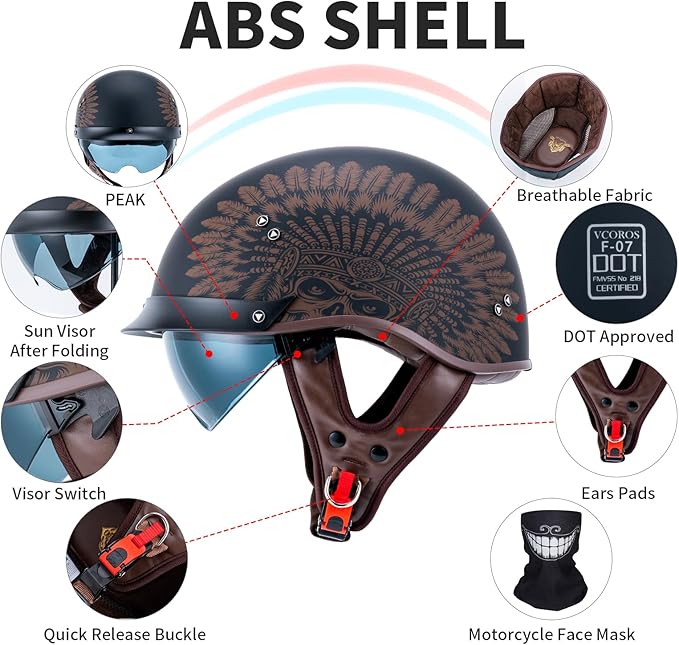 VCOROS Half Helmet Motorcycle DOT Approved Open Face Helmet with Sun Visor and Quick Release Buckle for Adults Men and Women (F07A-Indian,M)