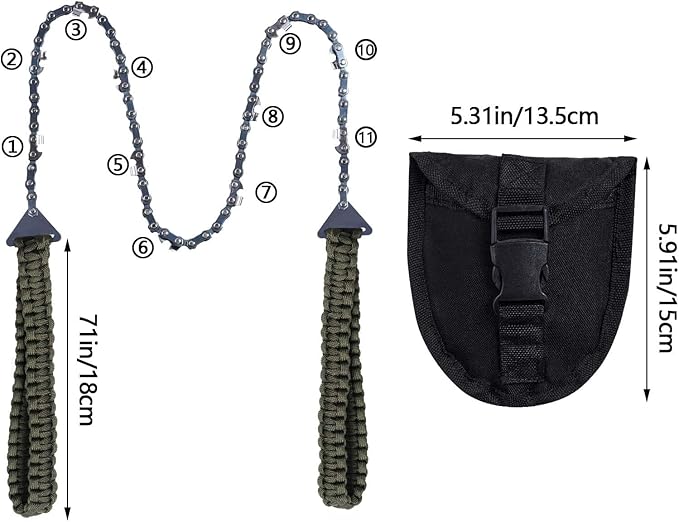 Sucrain Pocket Chainsaw with Paracord Handle, Folding Chain Hand Saw, Emergency Outdoor Survival Gear for Camping, Hunting, Hiking, Cutting Wood & Tree (Army Green, 11 Teeth, 24'' Long)