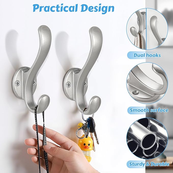 4 Pack Coat Hooks Wall Mount Heavy Duty Utility Retro Double Hooks for Hanging Coats,Hat, Towel, Key, Robe, Scarf, Bag, Cap (Silver)
