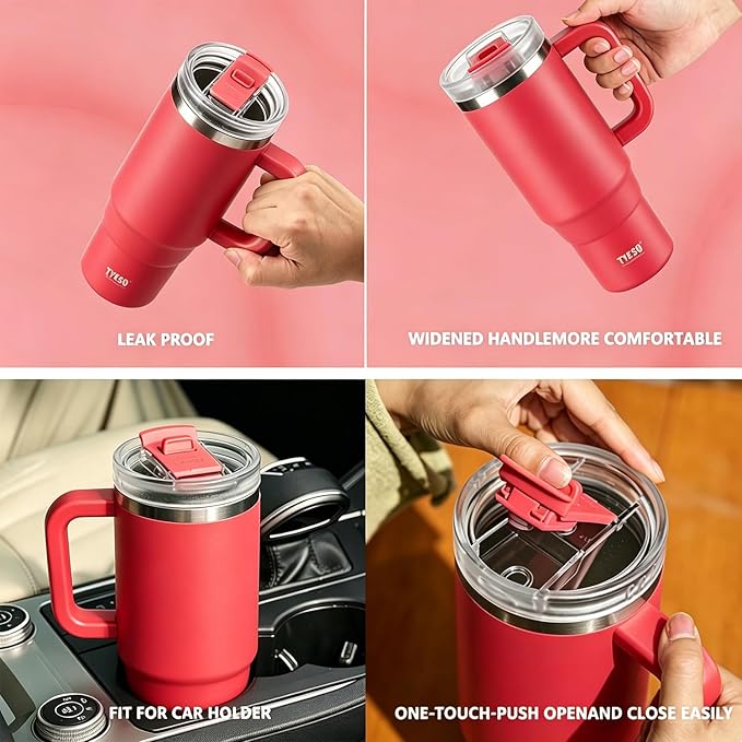 TYESO Vacuum Insulated Tumbler Water Bottle Cold Insulation Stainless Steel Bottle Straw Handle Mug Double Wall Wide Mouth (ROSE RED, 30 oz)