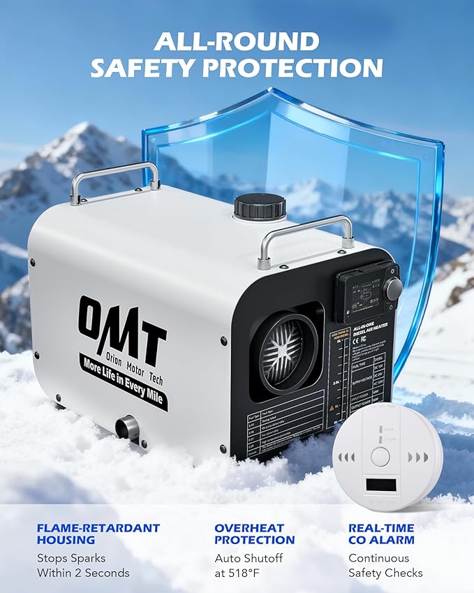 Orion Motor Tech 5kW Diesel Heater, 12V 24V All in One Diesel Air Heater 1.3 Gal Tank with CO Alarm Auto Shutoff Compatible with Car Truck RV Camper Boat （Not an Engine Part）