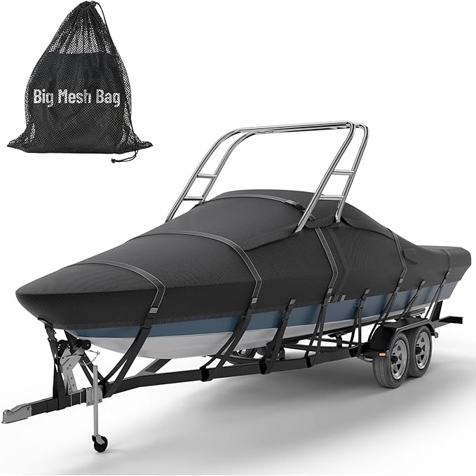 Tuszom 1200D 100% Waterproof Ski & Wakeboard Tower Boat Cover Tear-Proof Trailerable Full Size Boat Cover for Boats with Ski Or Wakeboard Towers (Black, 22'-24'L, Beam Width to 116" W)