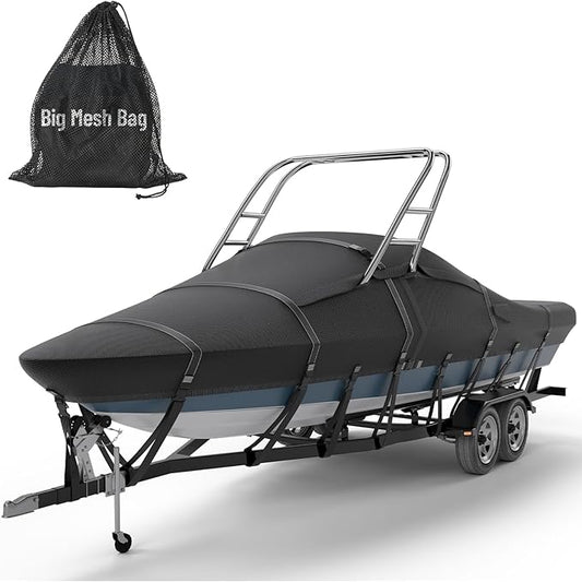 Tuszom 1200D Solution Dyed 100% Waterproof Ski & Wakeboard Tower Boat Cover with 11+6 PCS Windproof Straps Fit V-Hull Runabouts OutBoards and I/O (Black, 20'-22'L, Beam Width to 107" W)