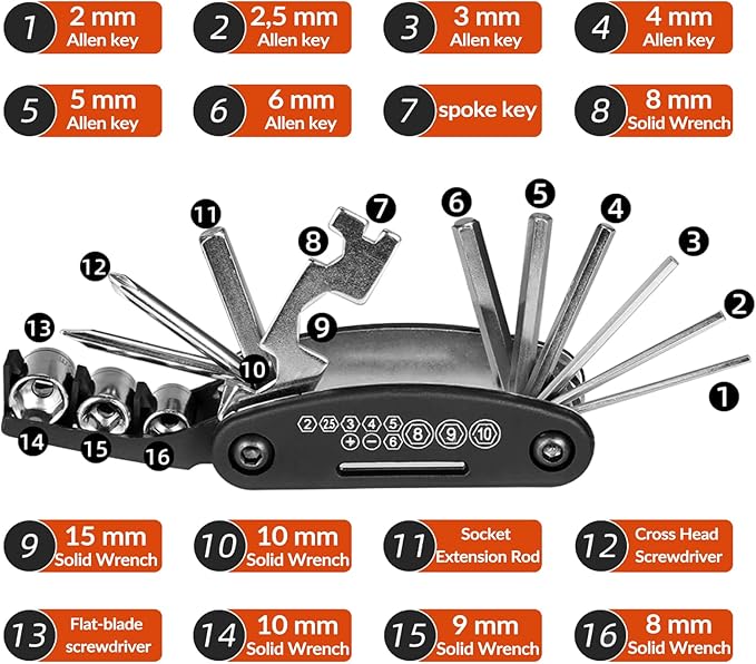 ROCKBROS Bike Multitool Lightweight 16-in-1 MTB Bicycle Multitool Compact Portable Bike Repair Tool Kit With Allen Wrench, Tire Levers-1 Pack