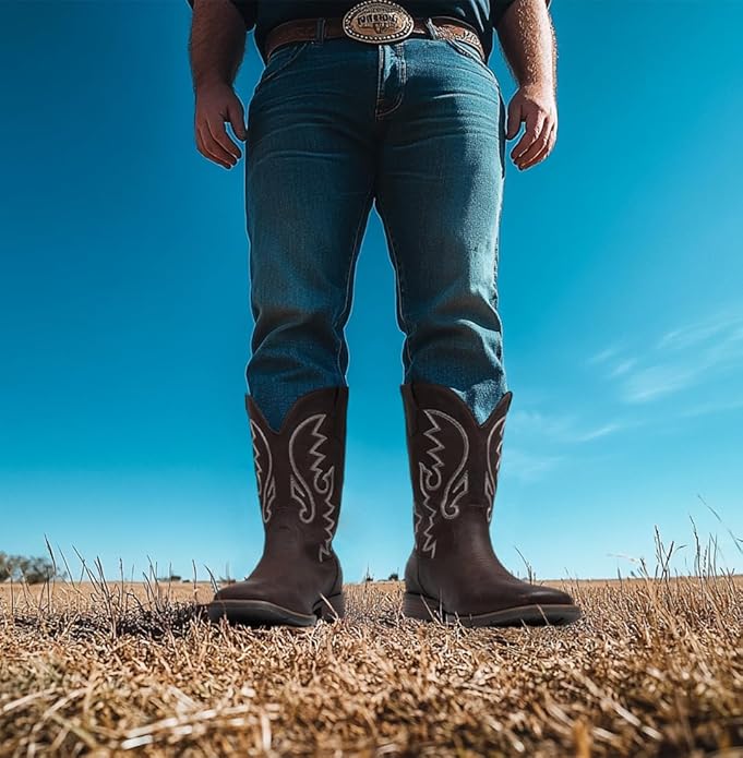 IUV Cowboy Boots For Men with Wide Square Toe Western Retro Boot Durable Classic Fashionable Embroidered Pull On Slip Resistant Boots