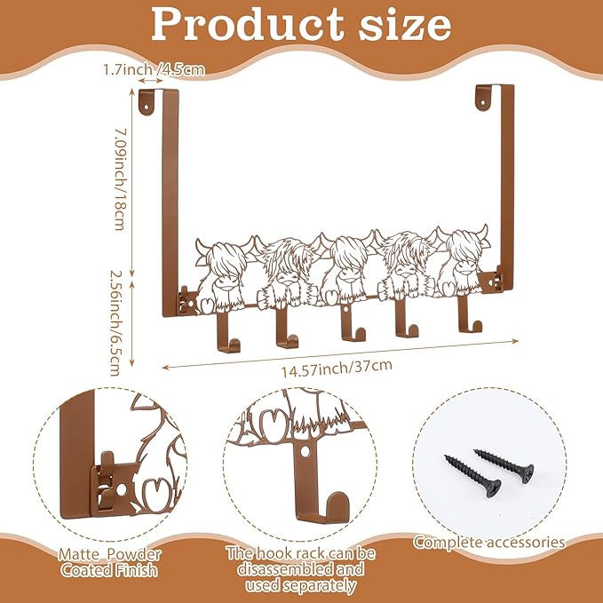 Highland Cow Over The Door Hooks Hanger Wall Mount Towel Hanger Door Holder Organizer 5 Hooks Kawaii Farmhouse Rustic Coquettish Style Decor for Bedroom Bathroom Towel Hat Clothes