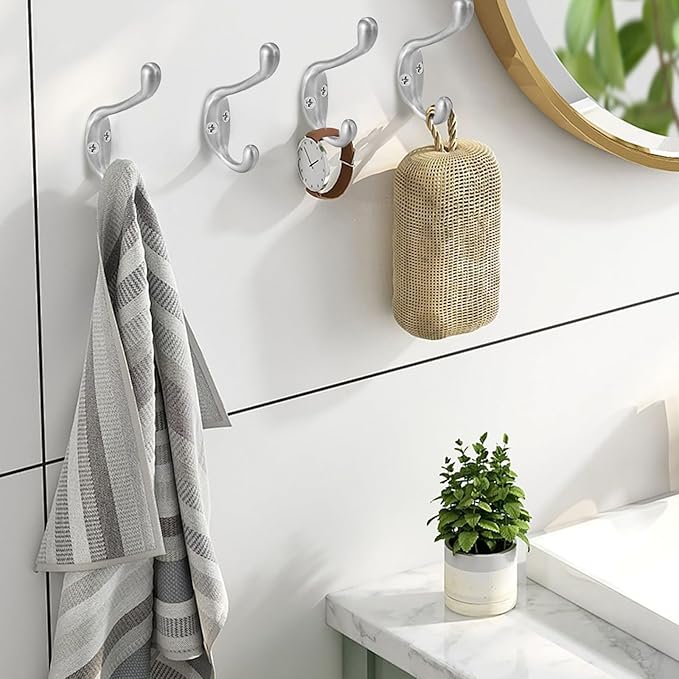 Coat Hooks 5 Pack-Heavy Duty Wall Mounted Brushed Nickel Door Hooks Double Prong Hooks for Hanging Clothes/Towels/Key-Suitable for Bedroom/Bathroom/Entryway