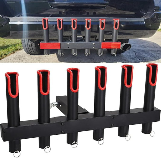 ヒッチ取り付け型釣り竿ホルダー（トラック用）、4本/6本収納可能、ステンレス製ロッドラック、2インチヒッチレシーバー対応、クイックリリースピン、反射安全ストリップ付き