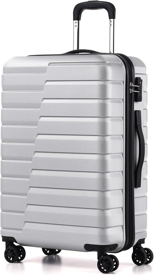 Coolife Medium Checked Luggage with Spinner Wheels, Hardside Suitcase TSA Lock Lightweight Travel Luggage 24-inch,Silver