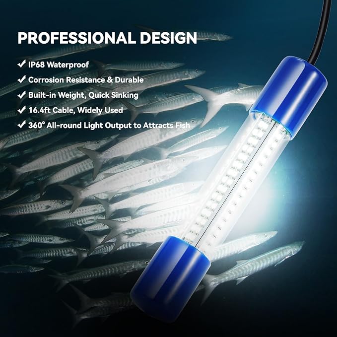 18W水中集魚灯、IP68防水 DC 12-24V LED水中集魚灯 魚誘引ルアー灯 クラッピー・エビ・イカ・ナマズ用 バッテリークランプ付き 16.4ftケーブル 緑/青/白色光