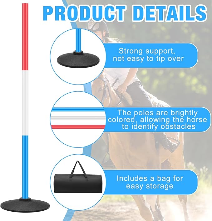 6 Pcs 6ft Pole Bending Poles for Horses, Heavy Duty Agility Poles Adjustable Equestrian Sports Training Equipment with Weighted Rubber Base for Horses, Soccer, Football, Dog