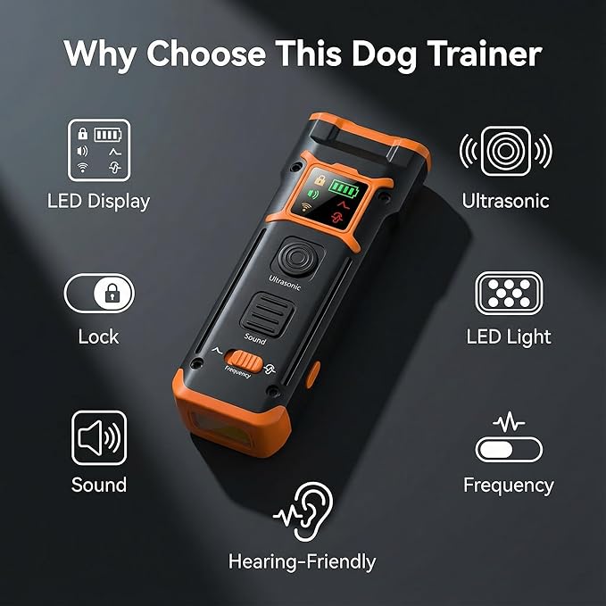 Dog Bark Deterrent Devices with LED Display, Ultrasonic & Beep Modes, 10s HearingSafe AutoOff, 25–30kHz Training & DriveAway, LED Light, Safe No Barking Device for Dogs, Stop Dog Barking Device
