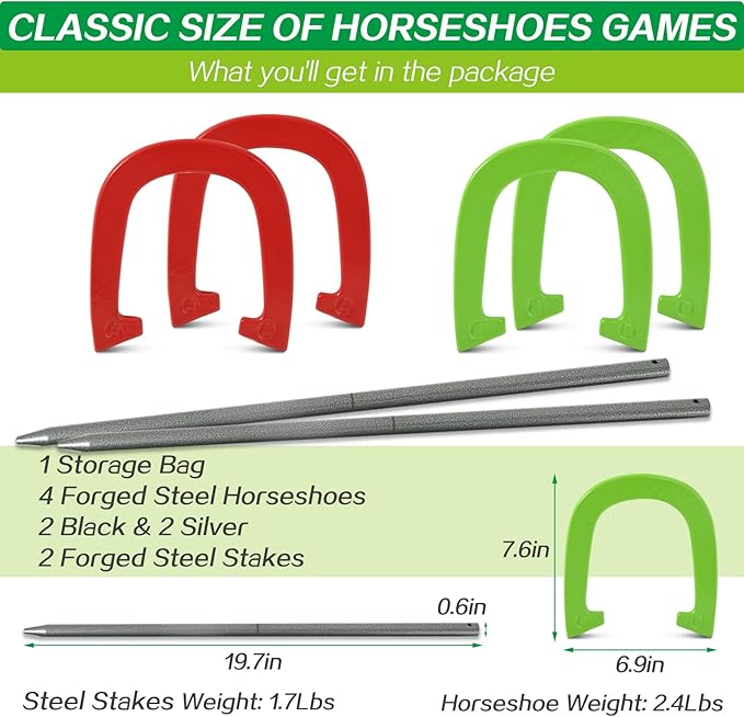 Horseshoes Outside Game - Steel Horseshoe Set - Yard Game Kit with 4 Heavy Duty Horseshoes, 2 Solid 24" Stakes & Carrying Bag - Classic Lawn Games for Adults, Backyard, Camping