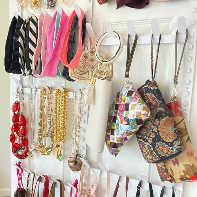 Evelots Rack for Purses, Belts, Jewelry, Ties, Hats - New Over The Door Organizer - Adjustable 8 Tier - 40 Hooks for Multi Uses - Easy Assembly - No Tools Needed - White Coated Sturdy Metal