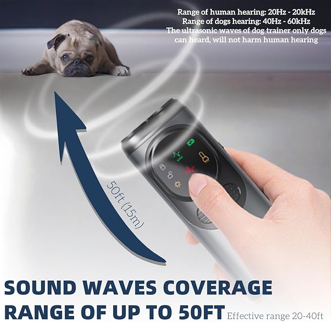 Ultrasonic Dog Bark Deterrent, Rechargeable Strong Bark Deterrent Device with 3 Emitters, Bark Button for Dog Use Up to 50ft Long Range | Safe for Dogs