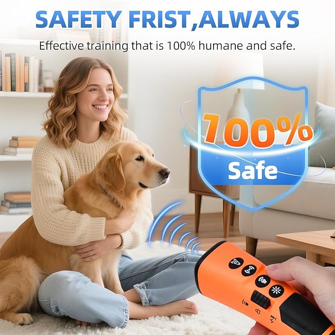 4X Ultrasonic Dog Bark Deterrent Device, 2026 Newest Stop Neighbors Dog Barking, 4 Nozzles Up 90% Efficiency, 3 Modes Humane Training Tool with Flashlight , Safe for Pet Indoor Outdoor（Orange）