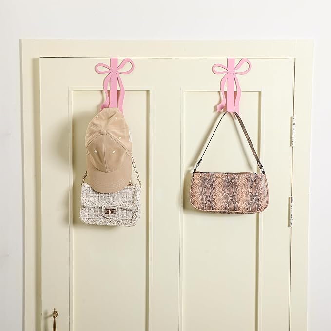 Chunful 2 Pack Bow Over The Door Hook, Metal Strong Door Hanger Hook Coquette Room Decor Bow Accessories for Cabinet Living Room Bathroom Bedroom Kitchen Hanging Clothes Towels Hats Coats Bags (Pink)