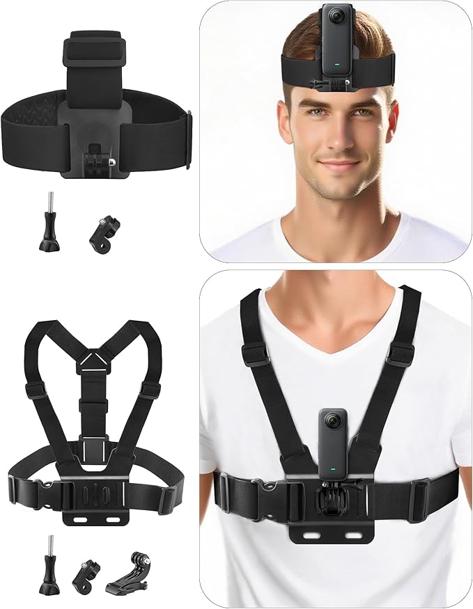 Chest & Head Mount Kit for Action Cameras and Smartphones – Hands-Free POV Recording for GoPro, Insta360, DJI Osmo, AKASO, SJCAM, CAMPARK, Crosstour, APEMAN, WOLFANG, Apexcam, COOAU, Surfola