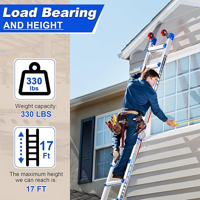 Telescoping A-Frame Ladder- 17FT Folding Extension Ladder with Wheels & Stabilizer Bar, 330lb Security Load Multi Position Ladders for Stairs Home Indoor Outdoor Roof