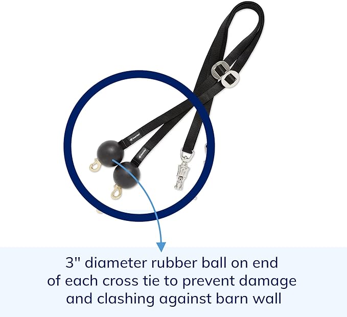Quiet Drop Horse Cross Ties in Black Nylon Webbing | 3 Inch Diameter Rubber Ball | Adjustable Slider Buckle | Panic Snap | Sold in Pairs (2)