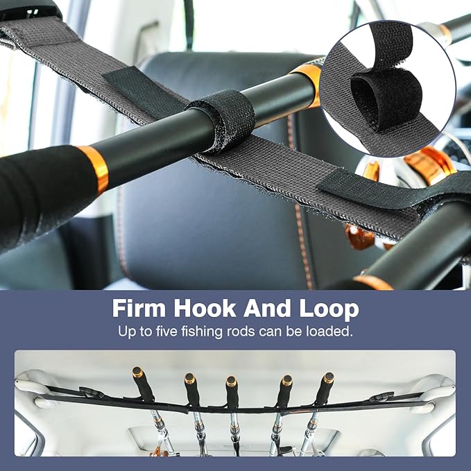2 Pack Vehicle Fishing Rod Holder for Car, Fishing Pole Car Rack 5 Rods Capacity, Adjustable 30 to 54 Inches Horizontal Car Roof Fishing Pole Storage Carrier Belt for SUV, Truck and Van, Gray