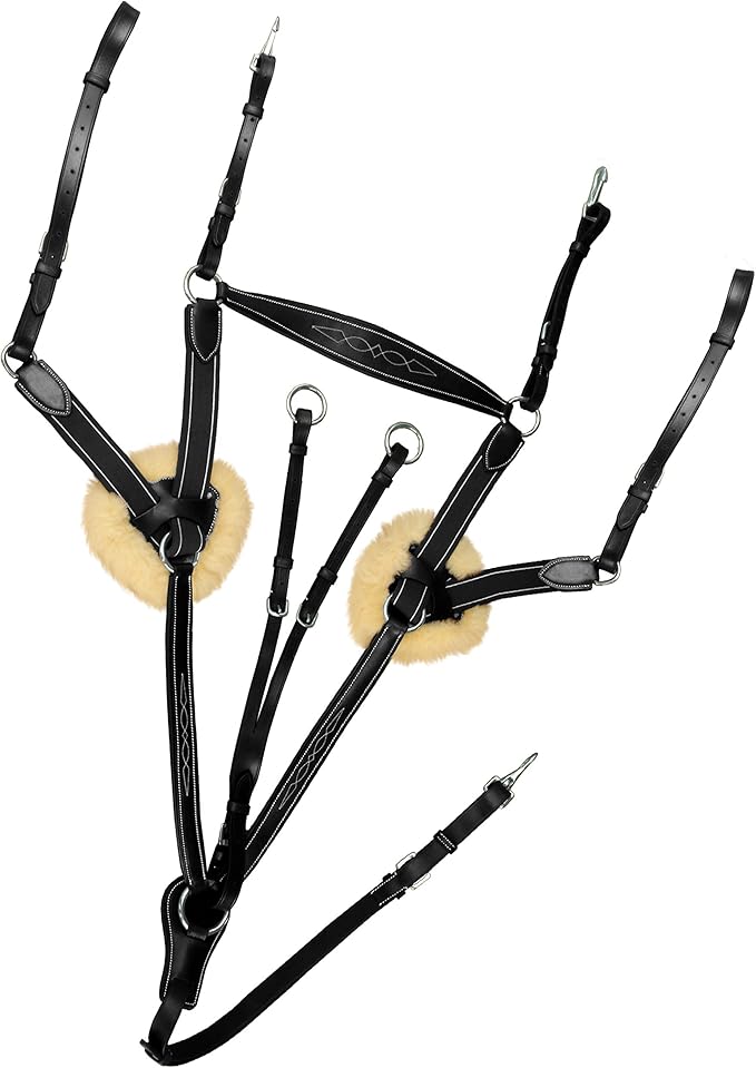 Exion 5-Point Horse Breastplate with Running Martingale | Real Sheepskin Linned | Black Elastic | Vegetable-Tanned Leather