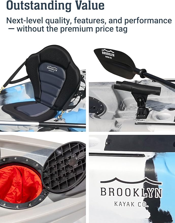 Brooklyn 9.2 Sit-On-Top Single Fishing Kayak by BKC, Lightweight Solo Kayak with Dry Hatches, Rod Holders & Accessory Rails for Lakes & Rivers (Upright Seat or Memory Foam Seat)