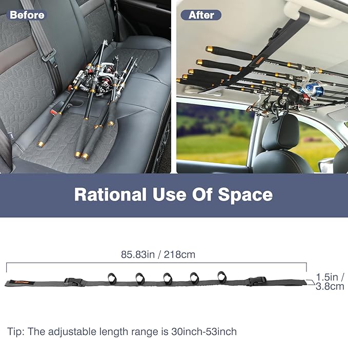 2 Pack Vehicle Fishing Rod Holder for Car, Fishing Pole Car Rack 5 Rods Capacity, Adjustable 30 to 54 Inches Horizontal Car Roof Fishing Pole Storage Carrier Belt for SUV, Truck and Van, Gray