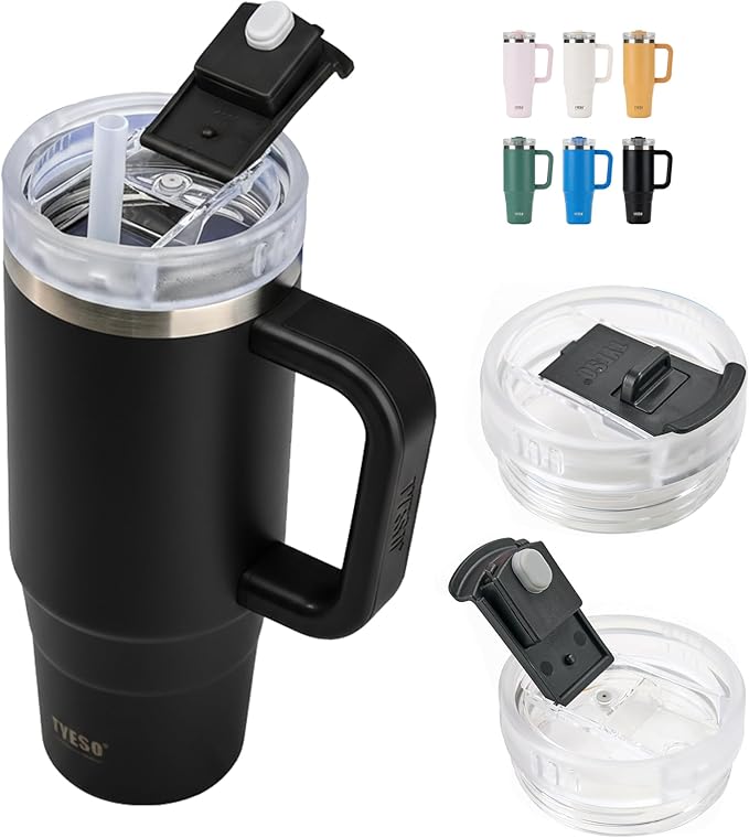TYESO Vacuum Insulated Tumbler Water Bottle Cold Insulation Stainless Steel Bottle Straw Handle Mug Double Wall Wide Mouth (BLACK, 30 oz)