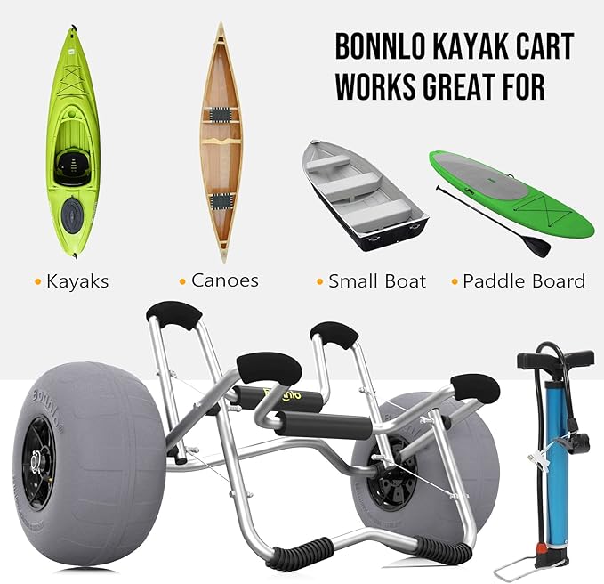 Bonnlo Kayak Cart Trolley Canoe Paddle Board Boat Cart Carrier Dolly with 12" Big Beach Wheels Balloon Kayak Transport Wheels Cart Foldable, Free Pump, 2 Ratchet Straps- Perfect for Soft Sand