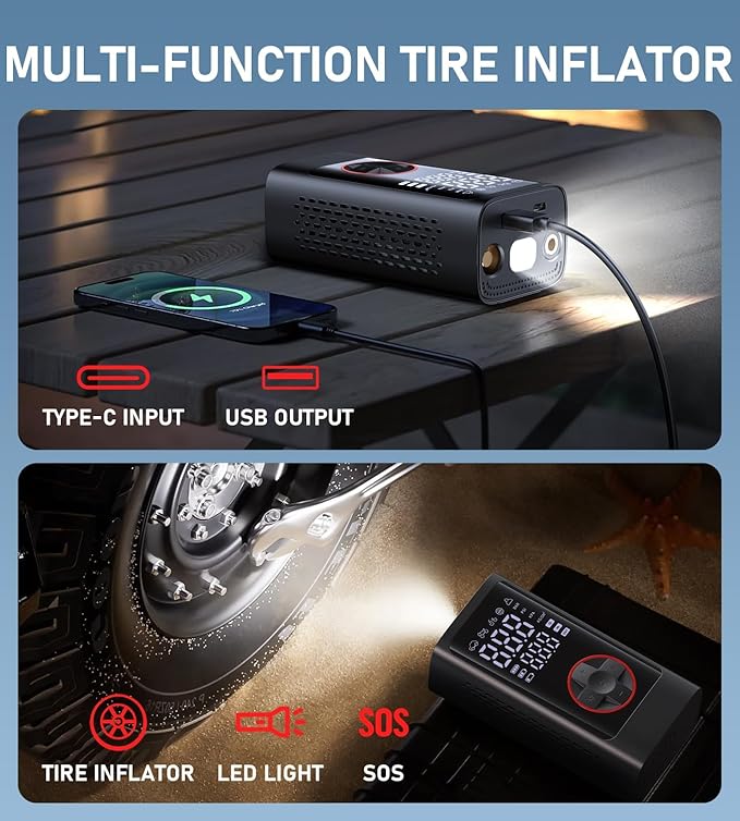 Tire Inflator Portable Air Compressor, Cordless Air Pump for Car Tires, 150PSI Portable Tire Inflator, LCD Dual Screen, Electric Pumps for Car Bike Motorcycle Balls