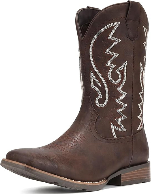 IUV Cowboy Boots For Men with Wide Square Toe Western Retro Boot Durable Classic Fashionable Embroidered Pull On Slip Resistant Boots