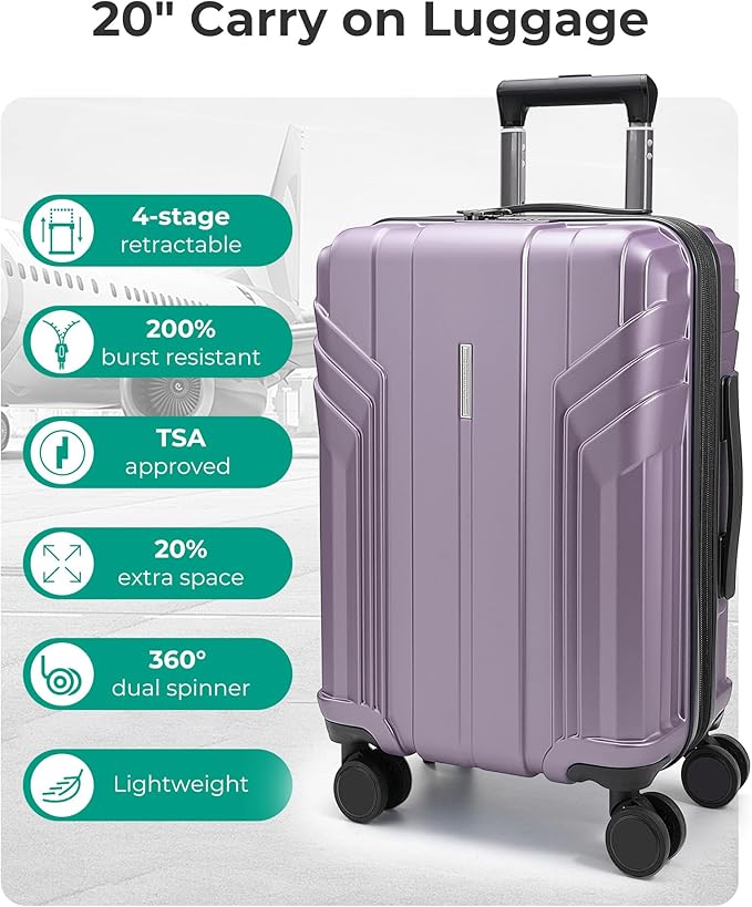 BAGSMART 機内持ち込み手荷物 拡張可能 22x14x9 航空会社承認済み 20インチ 旅行用スーツケース スピナーホイール付き 軽量 ハードシェル スーツケース 機内持ち込み ラベンダーパープル