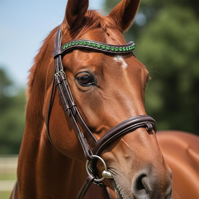 Equine Care Leather English Horse Bridle with Reins, Full Size, Choice of Browband Style, Padded Crown & Cavesson Noseband, Stainless Steel Hardware, Hunter Show Bridle.