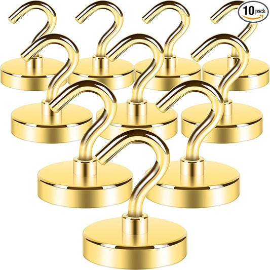 Neosmuk Magnetic Hooks, Heavy Duty 130lb+ Strong Magnet Hook for Cruise Cabins, Cruise Ship Essentials for Hanging, Metal Wall Refrigerator Hangers (Golden, 10 Pack)