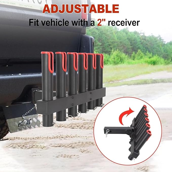Hitch Fishing Rod Holder for Truck, 4/6-Tube Stainless Steel Rod Rack Fits 2 " Hitch Receiver, with Quick Release Pin, Reflective Safety Strips