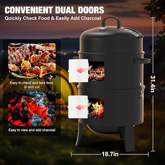 16" Charcoal Smoker, 3 in 1 Heavy Duty Vertical Barbecue Grill, Outdoor Fire Pit 402 Square Inches Cooking Area, Versatile Outdoor Smoker Grill, Black