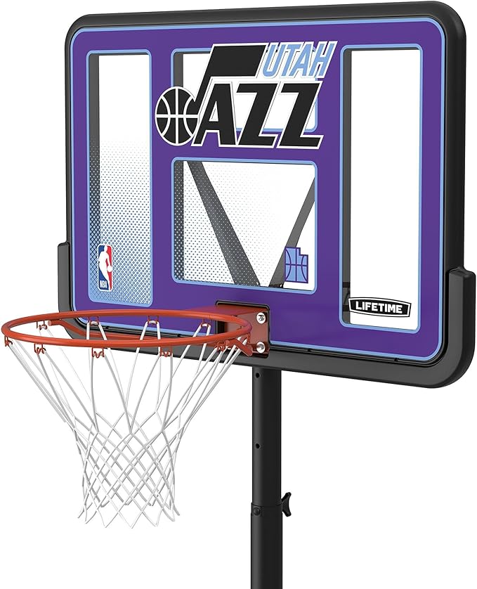 Lifetime NBA Utah Jazz Portable Basketball Hoop, Adjustable Height 7.5-10 Ft, 44 Inch Shatterproof Fusion Backboard, Base with Wheels