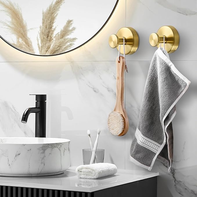 BKV Suction Cup Hooks for Glass Window,Removable Shower Hooks for Inside Shower,Metal Towel Hooks for Bathrooms,6 Pack(Gold)