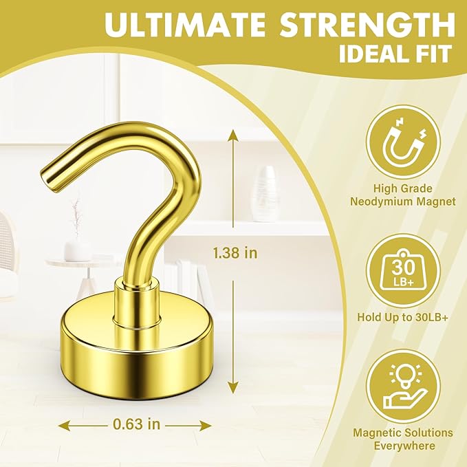 Magnetic Hooks, Heavy Duty Magnets with Hook, 30lbs Magnetic Hooks for Hanging Mugs, Magnetic Cruise Hooks for Cabins, Lock Accessories, Home, Classroom (Gold, Pack of 8)