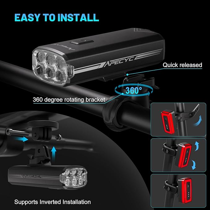 APECYC Super Bright Bike Lights Set, 18000LM USB Rechargeable Bicycle Front Headlight & Rear Taillight, Compatible with Garmin/GoPro, Night Riding Light for Mountain Bike/Urban Commuter Cycling