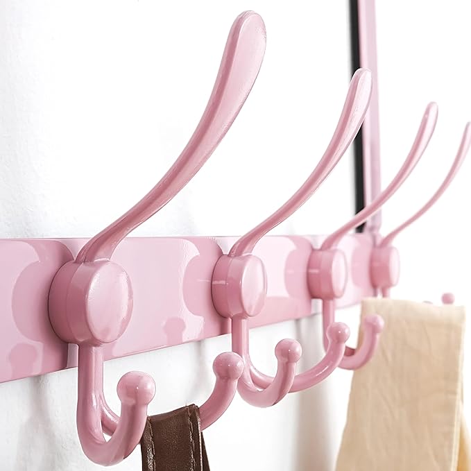 Dseap ドア掛けフックハンガー - 標準ドア用 (厚さ1 3/8インチ～1 3/4インチに対応) | 5連トリプルフック 高耐久 タオル/コートラック | ドア裏収納 洋服、ジャケット、帽子、タオル用 | ピンク、2個セット