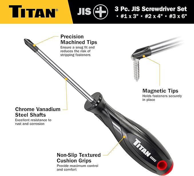 Titan 65885 JIS 3-Piece Screwdriver Set with Magnetic Tips – Includes #1 x 3", #2 x 4", #3 x 6" – Designed for Japanese Standard Screws, Compatible with Japan-Made Cars, Trucks, and Motorcycles