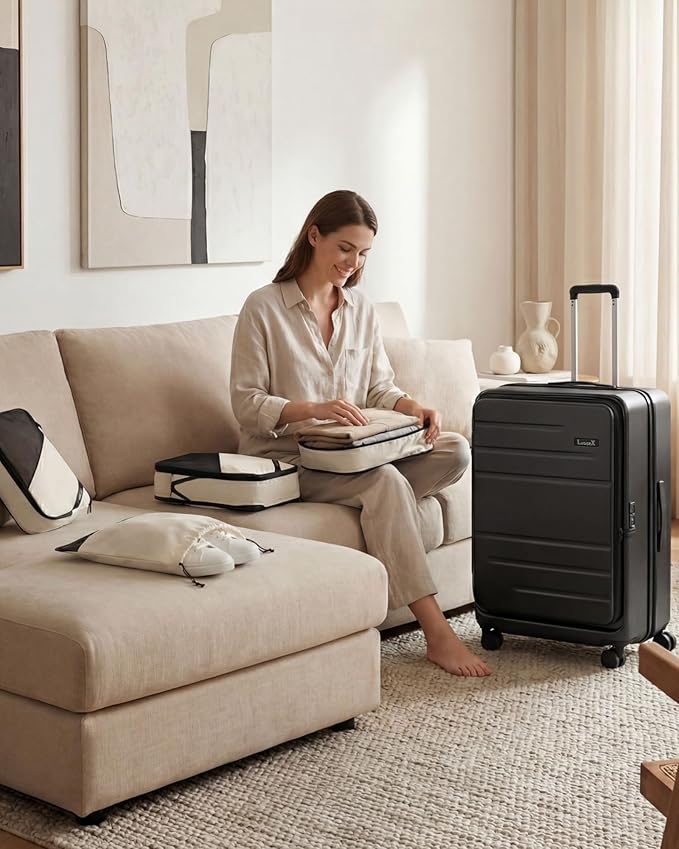 LUGGEX Checked Suitcase and Travel Packing Cubes Bundle – Travel Essentials (FX-Core, Black, 28 Inch)