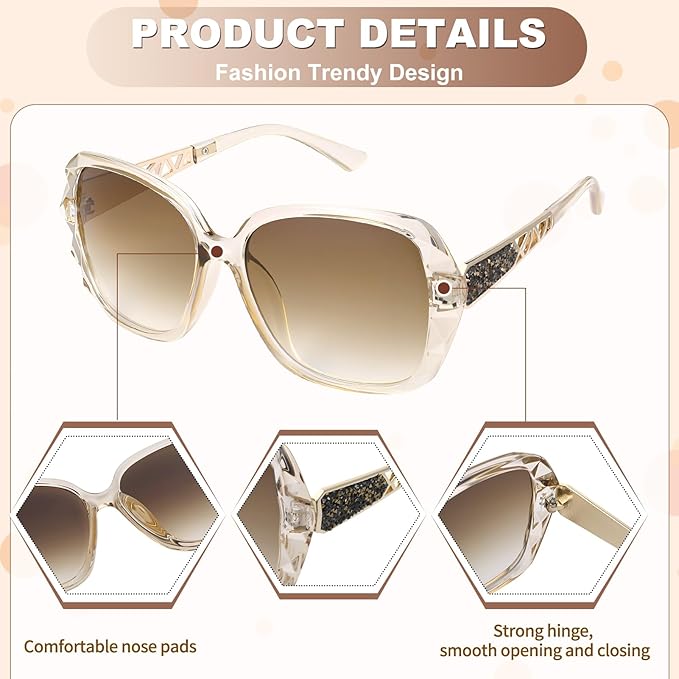 DragonflyDreams 4 Pcs Women Large Sunglasses, UV 400 Glasses Oversized Classic Trend Ladies Sunglasses Sparkling Large Frame